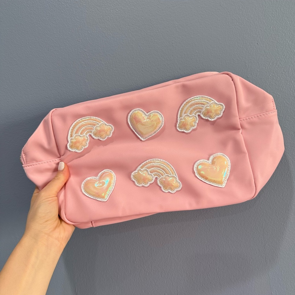 Stoney clover lane pink large pouch with puffy rainbow & heart patches